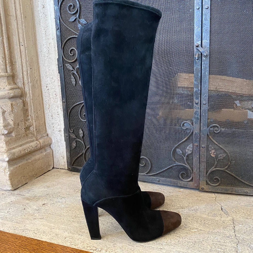 PRADA BLACK AND BROWN SUEDE ZIP UP BOOT - SIZE 8 /38